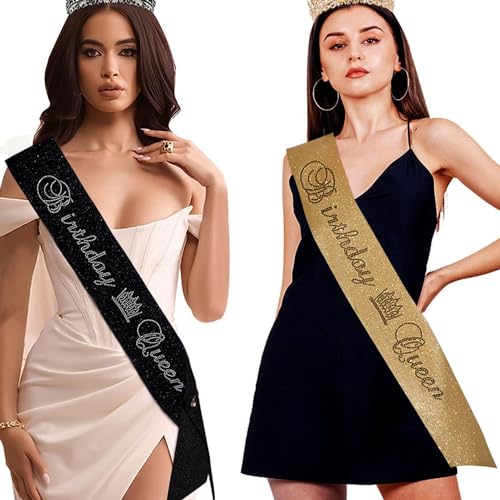 "Birthday Queen Birthday Glitter Sash Black with White Rhinestone Text for Women Girls Birthday Party Outfits Accessories (Black, Large)