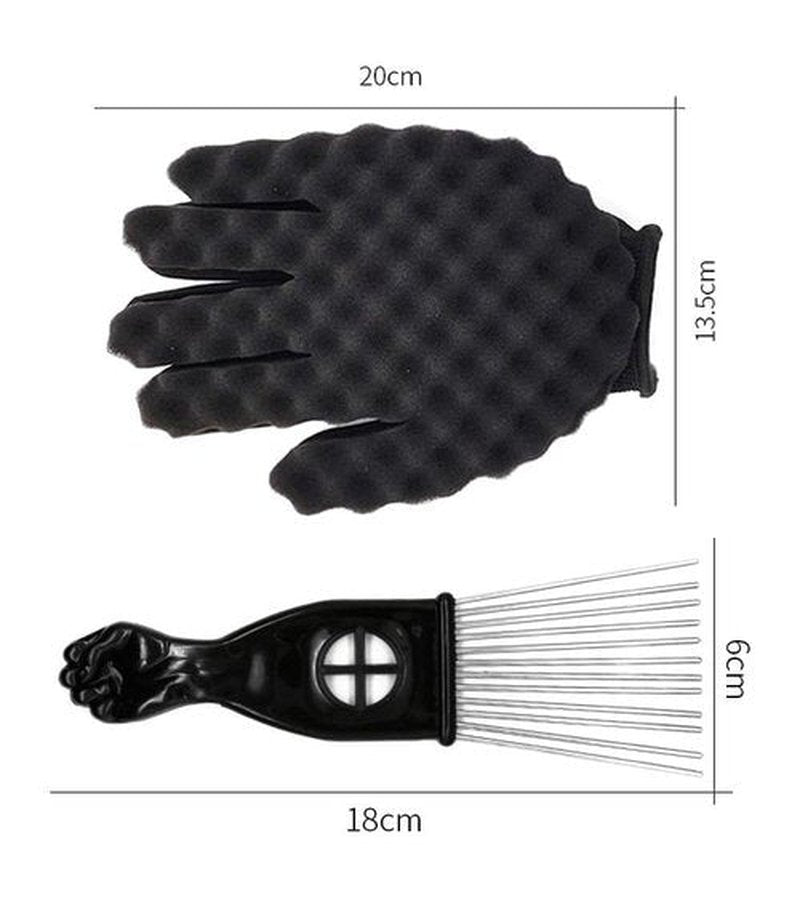 KHQBG Hair Sponge Set,Afro Brush, Magic Curl Glove, Metal Pick Comb, and Twist Comb for Hairstyling (Black-6Pcs)