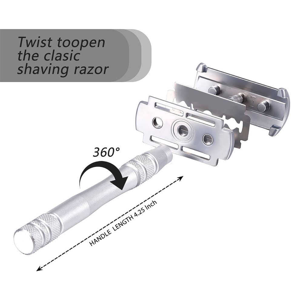 Men's and Women's Manual Razor Safety Razor with 10 Double Edge Blades, Double Edge Razor, Eco-Friendly, Smooth Close Shave, Plastic-Free, Easy to Carry for Traveling at Home (Silver + Base)