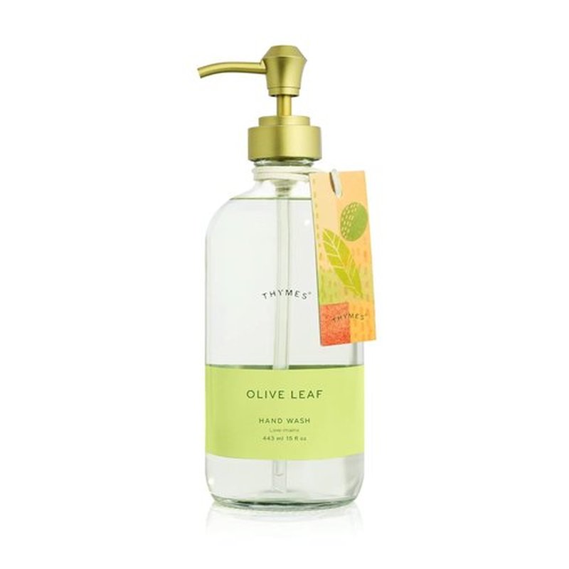 Thymes Hand Moisturizing Wash - Olive Leaf Scented Liquid Soap - Refillable Glass Pump - 15 Fl Oz