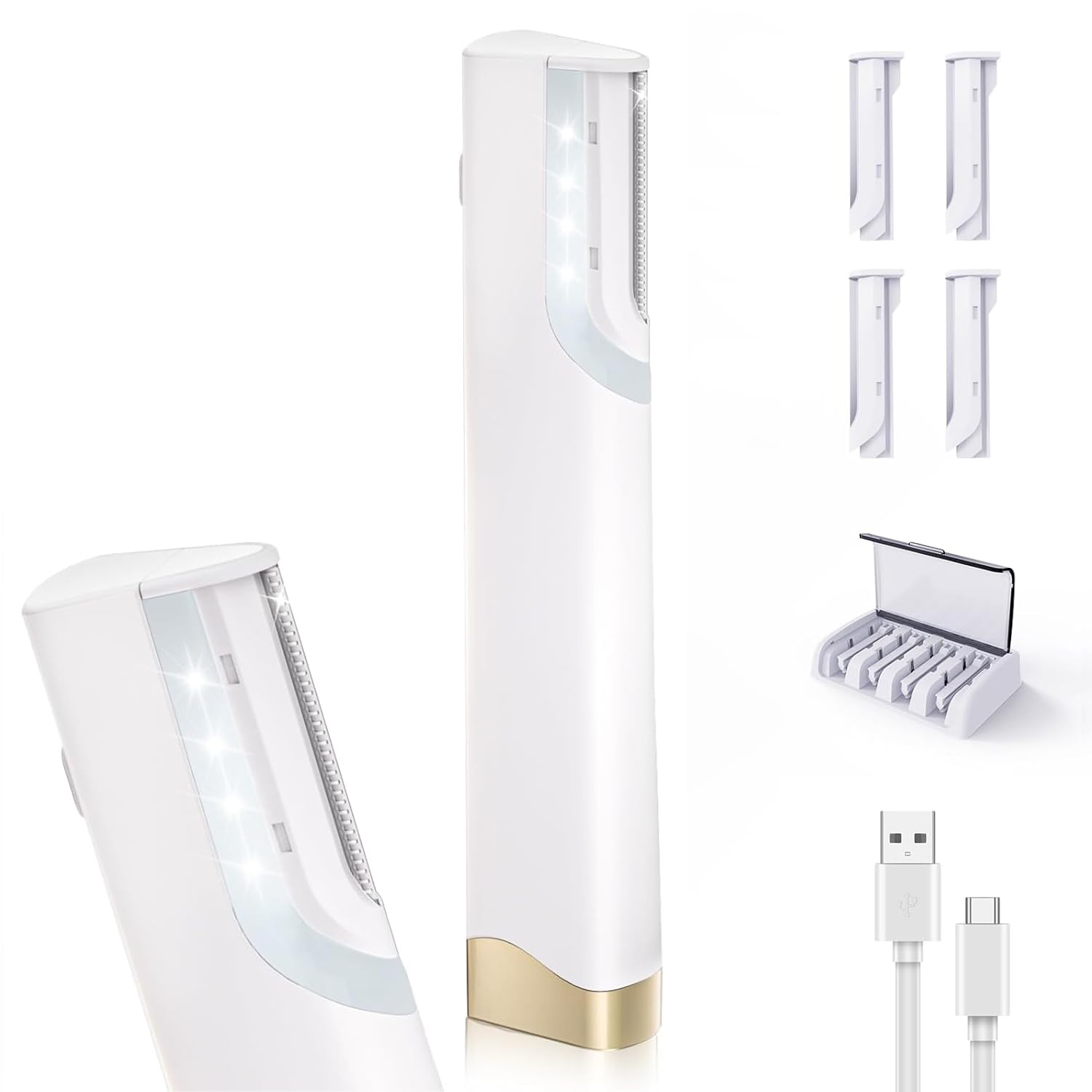 Sonic Dermaplane Razor for Women Face, Professional Dermaplaning Tool with LED Light & 5 Replacement Blades, Facial Hair & Peach Fuzz Remover &Exfoliating Dead Skin, Rechargeable（white)