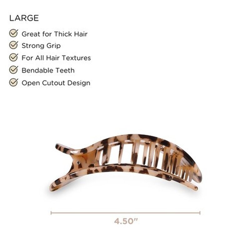 TELETIES - Large Flat Round Clip - Strong Grip, Bendable Teeth, Comfortable Curved Design - For Lying Down, Yoga, Driving & More - Ideal for Thick Hair - For All Hair Textures - Blonde Tortoise