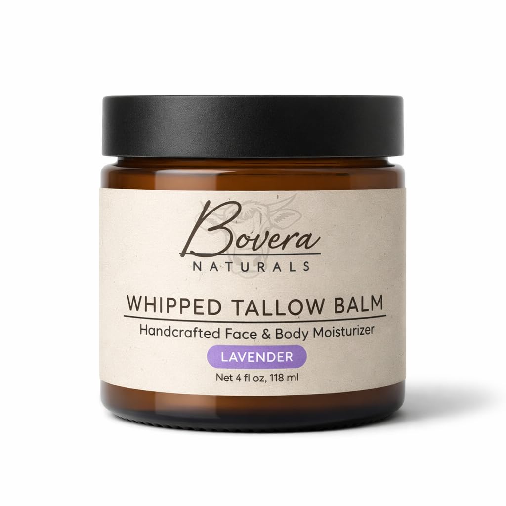Bovera Naturals Tallow Moisturizer, Lavender Scented Face and Body Cream, 100% Organic Grass-Fed Beef Tallow, Non-Greasy for Dry Sensitive Skin, Eczema Cream and Body Butter, 4 fl oz
