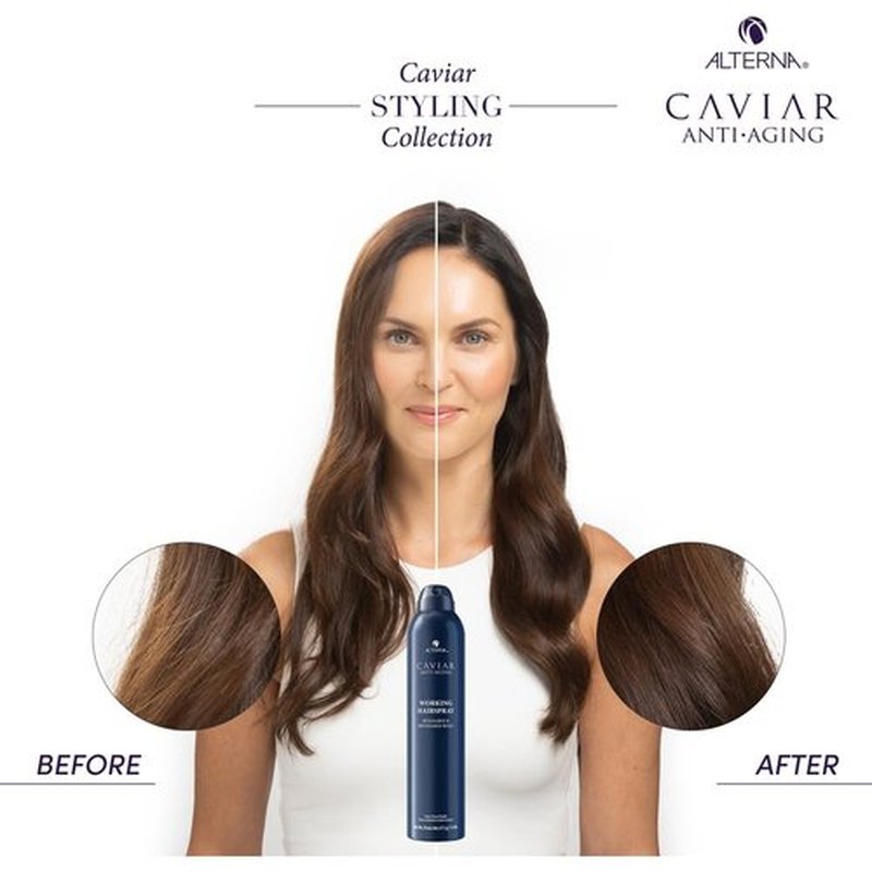 Alterna Caviar Anti-Aging Professional Styling Working Hair Spray | Ultra-dry, Brushable | Helps Control Frizz & Adds Shine | Sulfate Free | Nutmeg