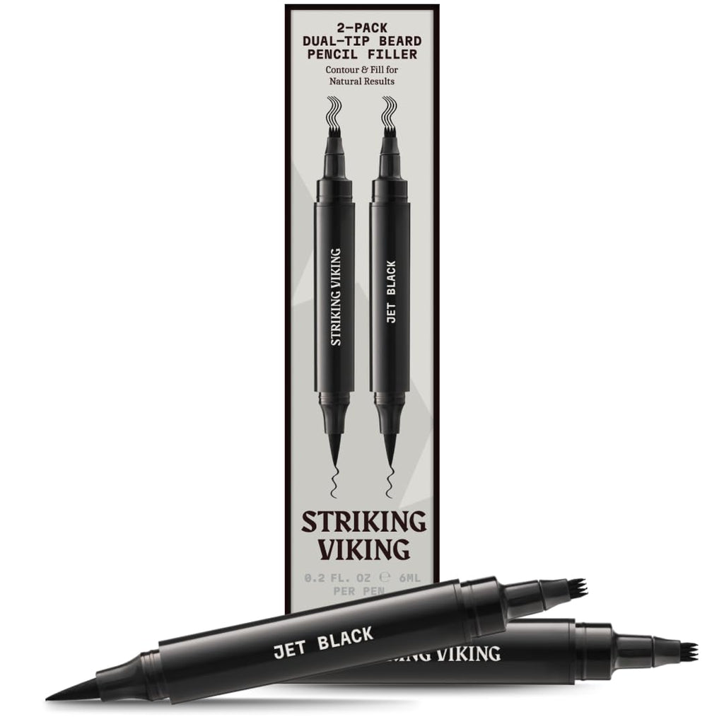 Striking Viking Beard Pen - Jet Black, 2 Pens Pack - Temporary Beard Dye - Waterproof Sweatproof Long Wear Beard Pencil Filler For Men for Touchups & Gap Contouring - Enhances Facial Hair