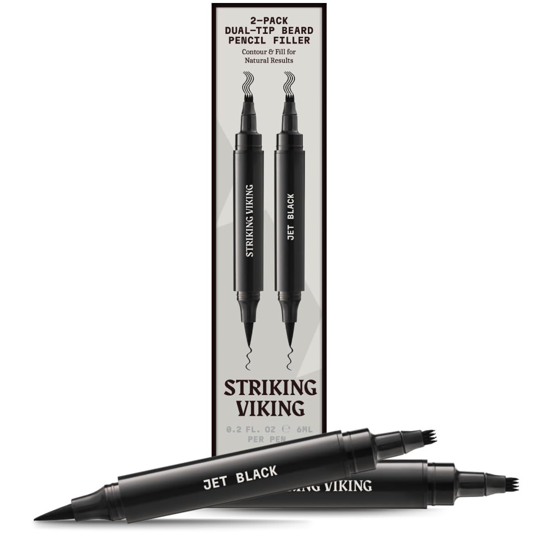 Striking Viking Beard Pen - Jet Black, 2 Pens Pack - Temporary Beard Dye - Waterproof Sweatproof Long Wear Beard Pencil Filler For Men for Touchups & Gap Contouring - Enhances Facial Hair