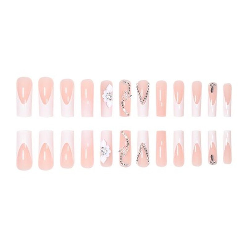DANMANR Fake Nails Butterflies Long Press on Coffin Nails Crystal Full Cover Acrylic French Shiny Fake Nails for Women and Girls 24PCS