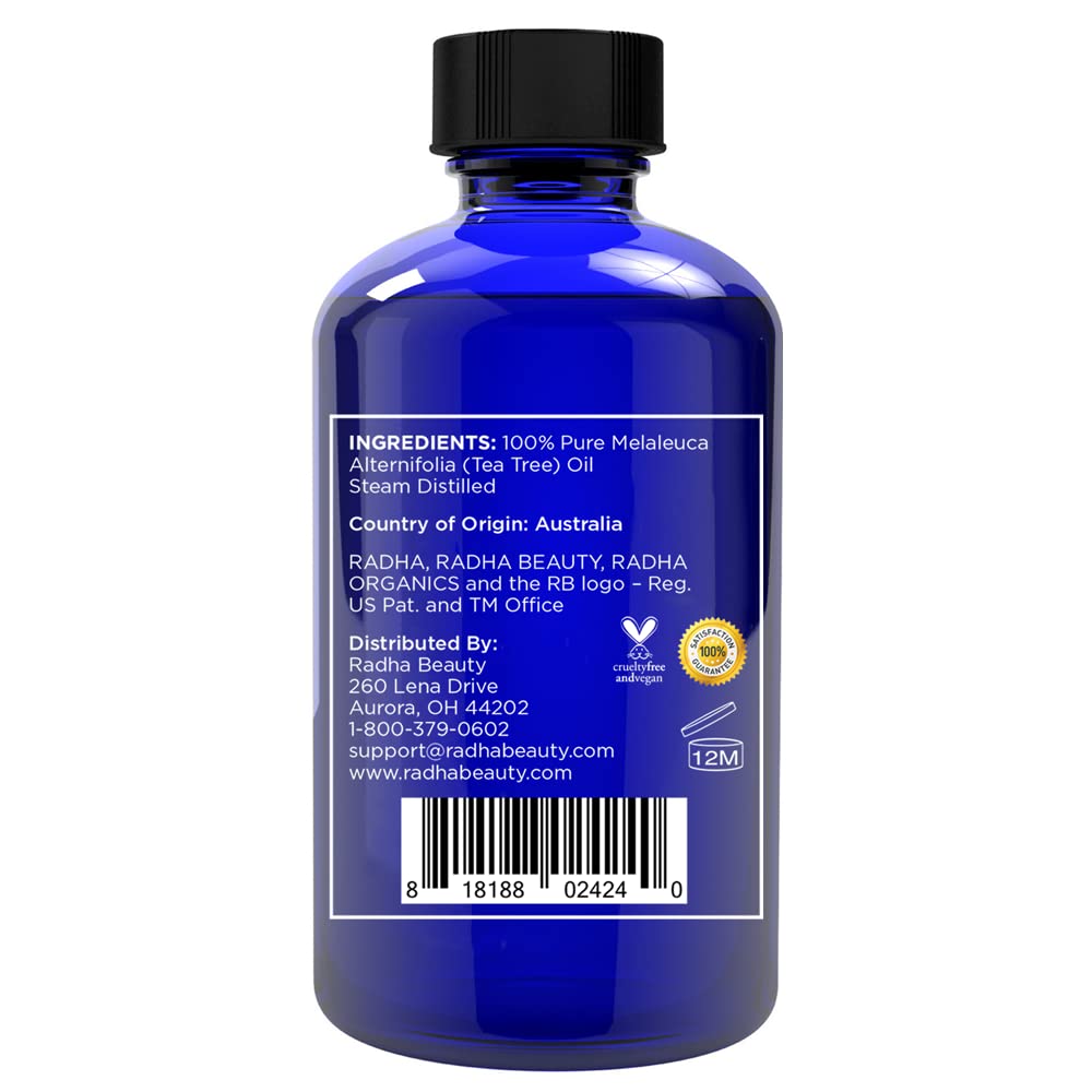 Radha Beauty Tea Tree Essential Oil 4 oz. - 100 Percent Pure & Natural Therapeutic Grade - DYI Soaps, Shampoo, Body Wash, Aromatherapy