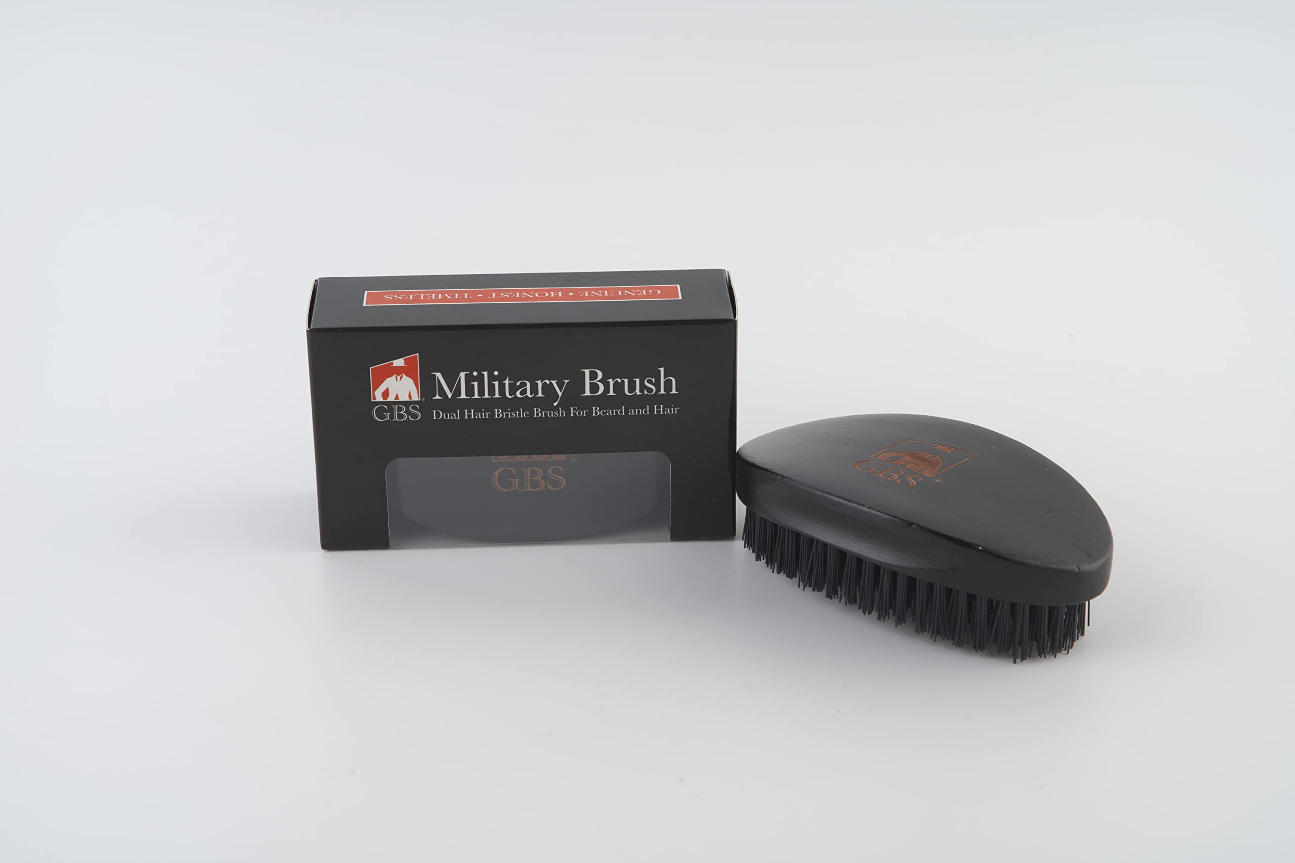 G.B.S Military Style Dual Bristle Beard and Hair Brush - Hi-Gloss Wood, Animal-free Vegan Bristles, Over 2,000 Firm Bristles for Daily Grooming (BLACK)