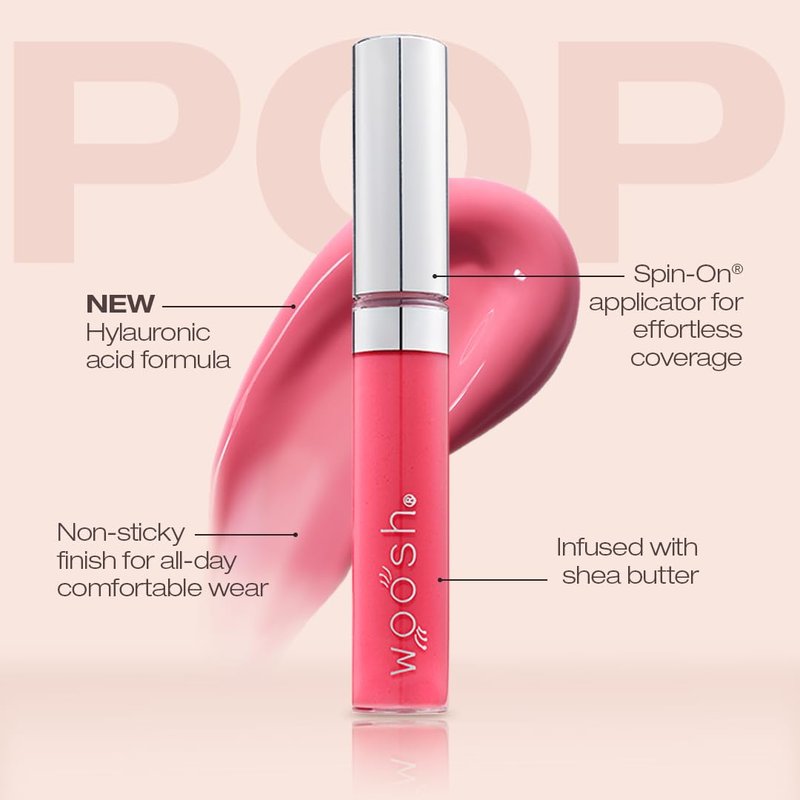 Woosh Beauty Spin-On Lip Gloss - Hydrating Hyaluronic Acid & Shea Butter, Vegan, Shine Finish
