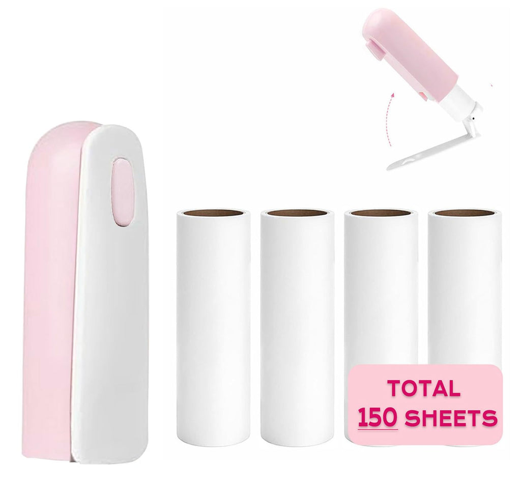 Mini Travel Lint Roller with 150 Sticky Sheets, Compact Portable Pet Hair Remover with Cover for Clothes, Travel, Small Foldable Lint Roller for Purse Car Bag Essentials (Pink)