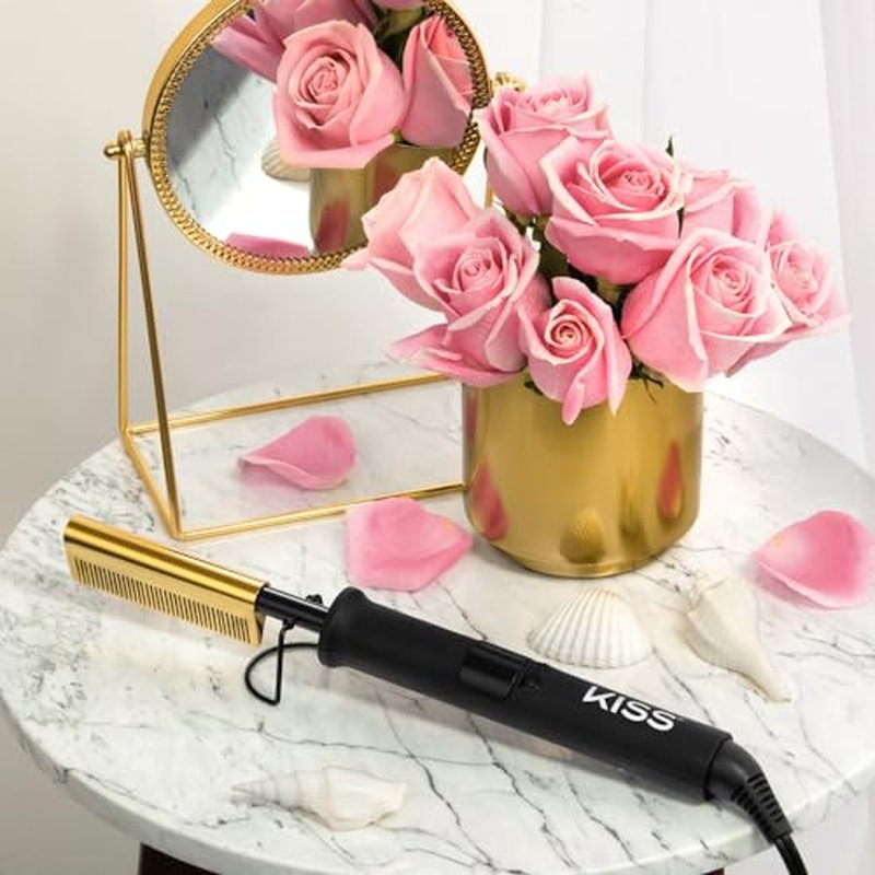 KISS Professional Pressing Comb with Polished Gold Smoothing Comb, Safety Stand, Digital LED Temperature Display, & Tangle Free 360° Swivel Cord