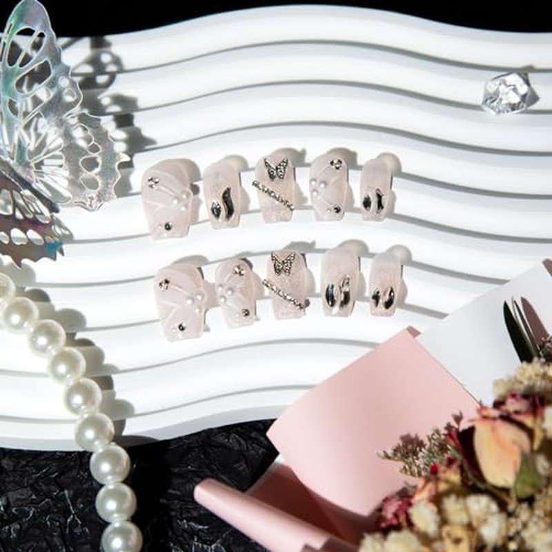 TENPAL Starry Gradient White Coffin Nails,10Pcs Handmade Press on Nails with Kit,3D Ribbon Butterflies & Pearls Glue on Nails,Sultry Minimalist Sparkle Fake Nails Set, Reusable iridescent Nails(XS)