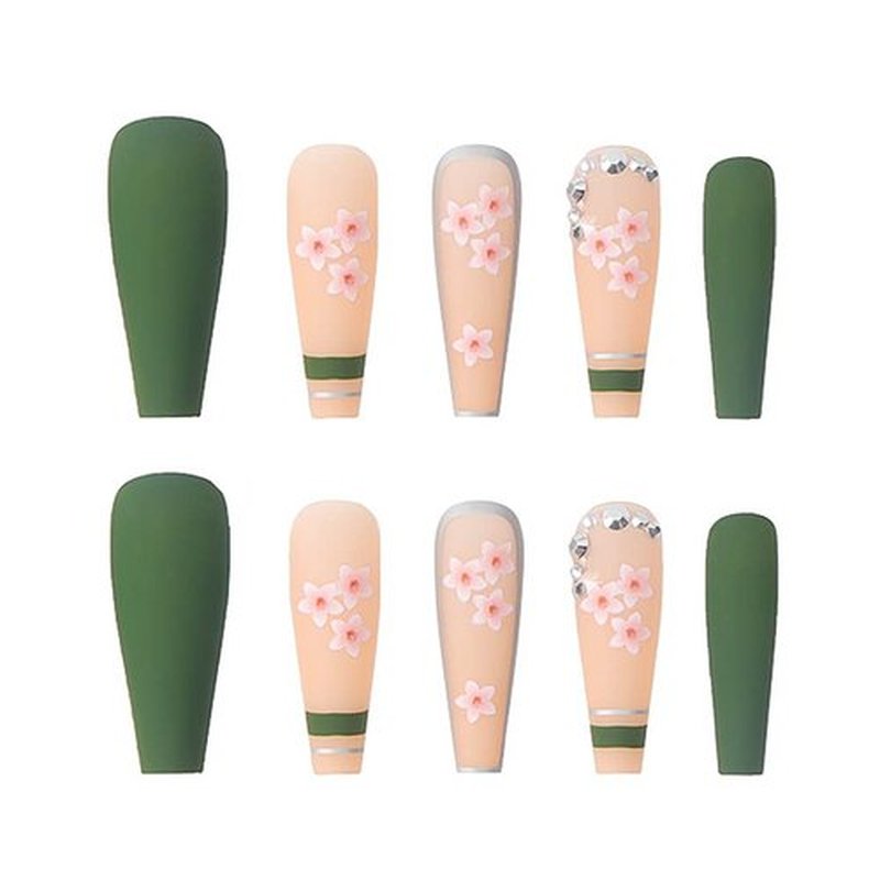 RikView Long Press on Nails Coffin Fake Nails with Flower Design Green Nails for Women and Girls
