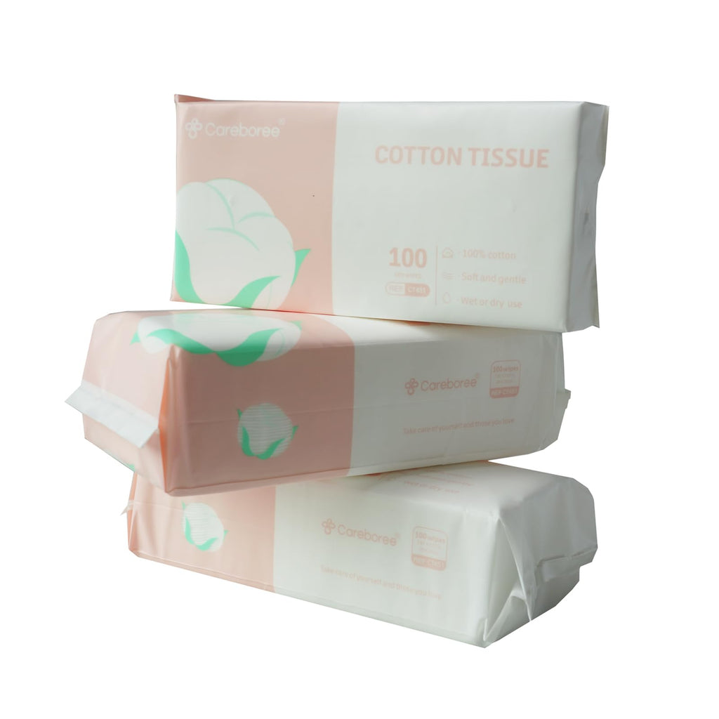 Careboree Ultra Soft Dry Baby Wipes Unscented Face Cleansing Multi-Purpose Pure Cotton Tissue (3 PACK-300 count))