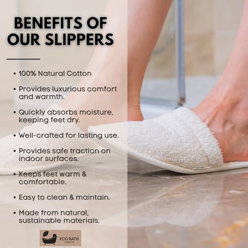 Natural Toweling Slippers - GOTS Certified 100% Organic Cotton, Ultra Soft, Machine Washable Indoor Slippers for Bath and Home S Size US (6-7 Women/5-6 Men)