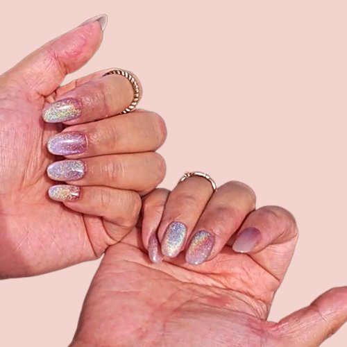 Hanakoko Press on Nails Handmade Nails 3D Press on Nails Short Medium Oval Almond Nails Fake Nails Glitter Cat Eye Nails Gel Nails Durable Reusable False Nails 10 Pcs (Dream Dazzle, M)