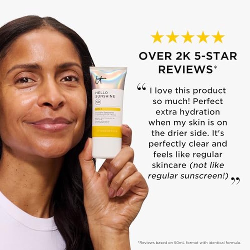 IT Cosmetics Hello Sunshine Invisible Sunscreen for Face SPF 50 - Sunscreen, Hydrating Serum & Makeup Primer - 1% Pro-Vitamin B5 & Hyaluronic Acid - HSA/FSA Eligible - No White Cast - 0.5 fl oz