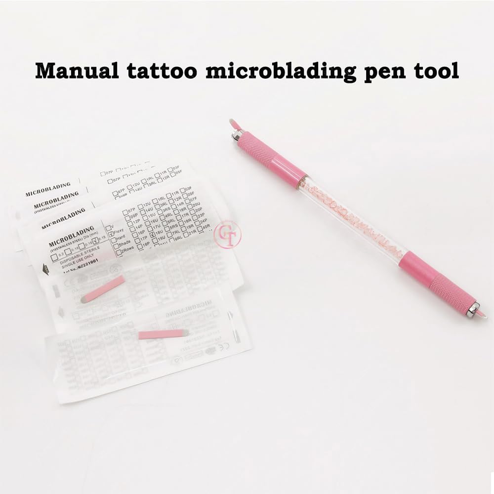 TgoBeauty Pink Microblading Double End Crystal Tattoo Manual Pen Semi PMU Handle with 10pcs 0.15mm U18 Microblading Needles Blade for Eyebrow Permanent Makeup Beauty (Pink Pen+10pcs 0.15mm U18 Blades)