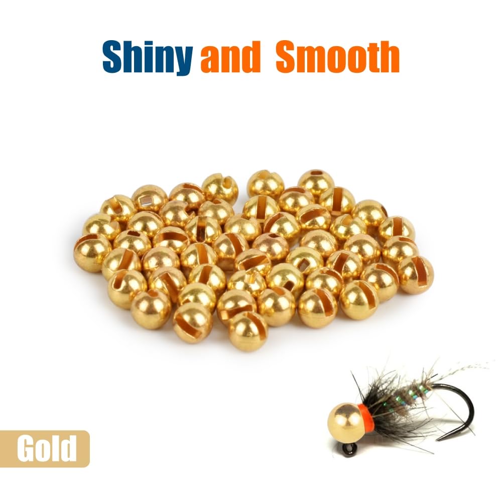 MUUNN 50pcs Tungsten Slotted Beads for Fly Tying, Sink Deeper and Faster 12 Colors/13 Sizes Slotted Tungsten Beads Fly Tying Beads Head Fly Tying Materials(Gold,2.3mm)