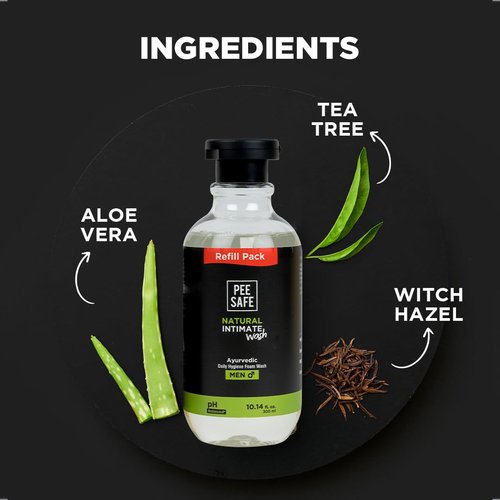Men's Intimate Wash by PEESAFE | Natural Intimate Wash for Men with Refill (13.52 Fl.Oz) | with Tea Tree Essential Oil | Ayurvedic | pH Balanced Foam based | Ball Washer for Men