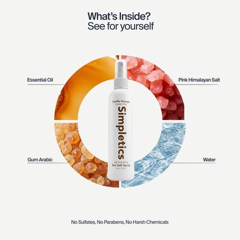 Simpletics Himalayan Sea Salt Hair Spray (Vanilla Scent) – Natural 5-Ingredient Formula for Beach Waves & Volume – Light Hold, Non-Greasy, Paraben & Sulfate Free – Unisex 8 fl oz
