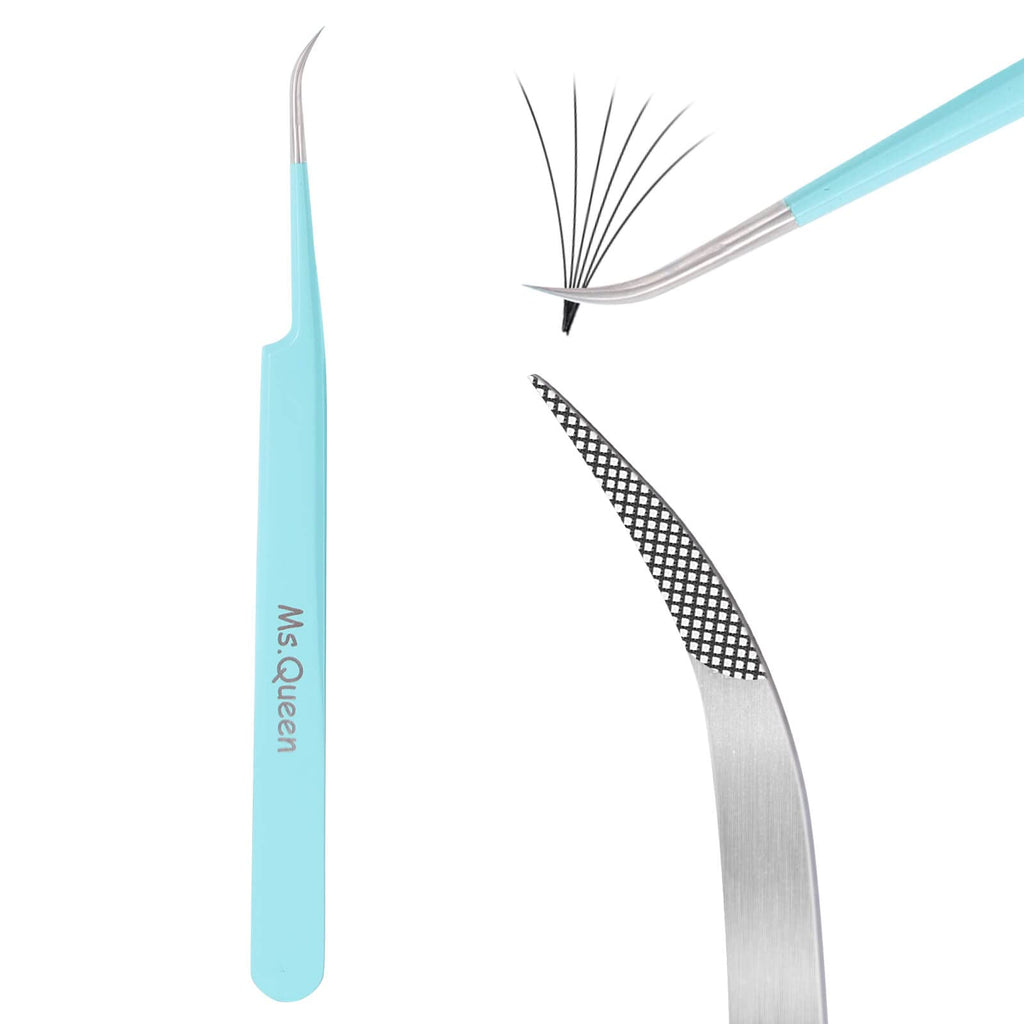 Ms.Queen Lash Tweezers for Eyelash Extensions,Professional 5Pcs Fiber Tip Curved Isolation 45 90 Degree Boot Volume Lash Tweezers for Extensions, Blue