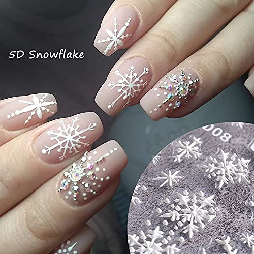 CHARMARK Snowflake Nail Art Stickers, 4 Sheets (White, Snowflake Pattern, Matte Finish, 5D Embossed, Romantic & Classic Style, Plastic Material, Indoor Use, Winter Theme)