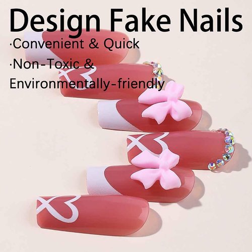 RikView Long Press on Nails Pink Fake Nails French Tips Nails Square Nails Glossy Full Cover Nails for Women 24 PCs/Set
