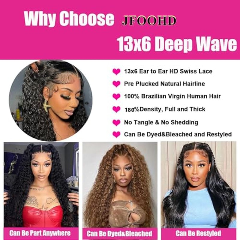 JFOOHD Deep Wave Lace Frontal Wig 13x6 Lace Front Wig Human Hair Pre Plucked Glueless Deep Wave Human Hair Wigs Curly Wigs for Women 200 Density Natural Color (24 Inch)