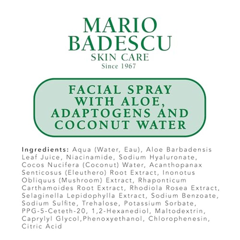 Mario Badescu Setting Facial Spray Mist with Aloe & Coconut Water, Refreshing and Hydrating Makeup Spray, Alcohol Free, Fragrance Free, Dye & Sulfate Free
