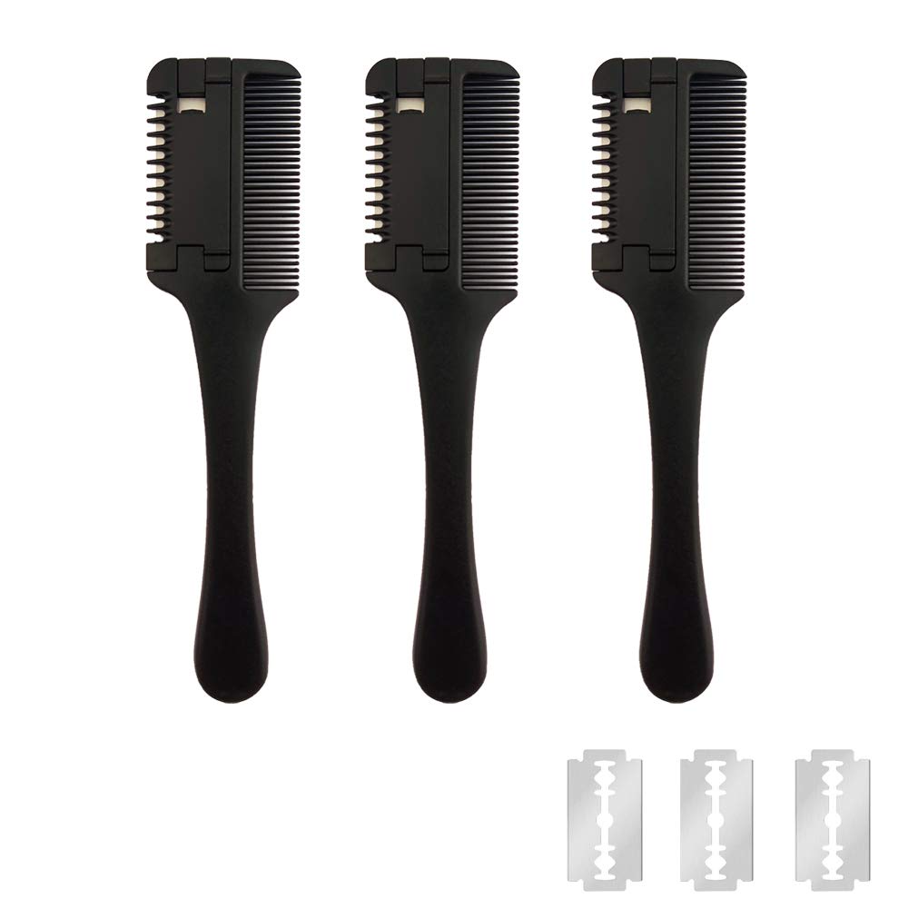 3 Pcs Hair Cutting Combs with Extra 3 Replacement Razors, MSDADA Double Edge Razor Comb for Thin and Thick Hair Trimming and Thinning