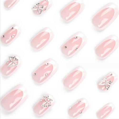Foccna White Press on Nails Medium Long Rhinestone Fake Nails Square Bling Glossy 3D Butterfly False Nail Tips Artificial Nails Finger Manicure for Women and Girls,24pcs