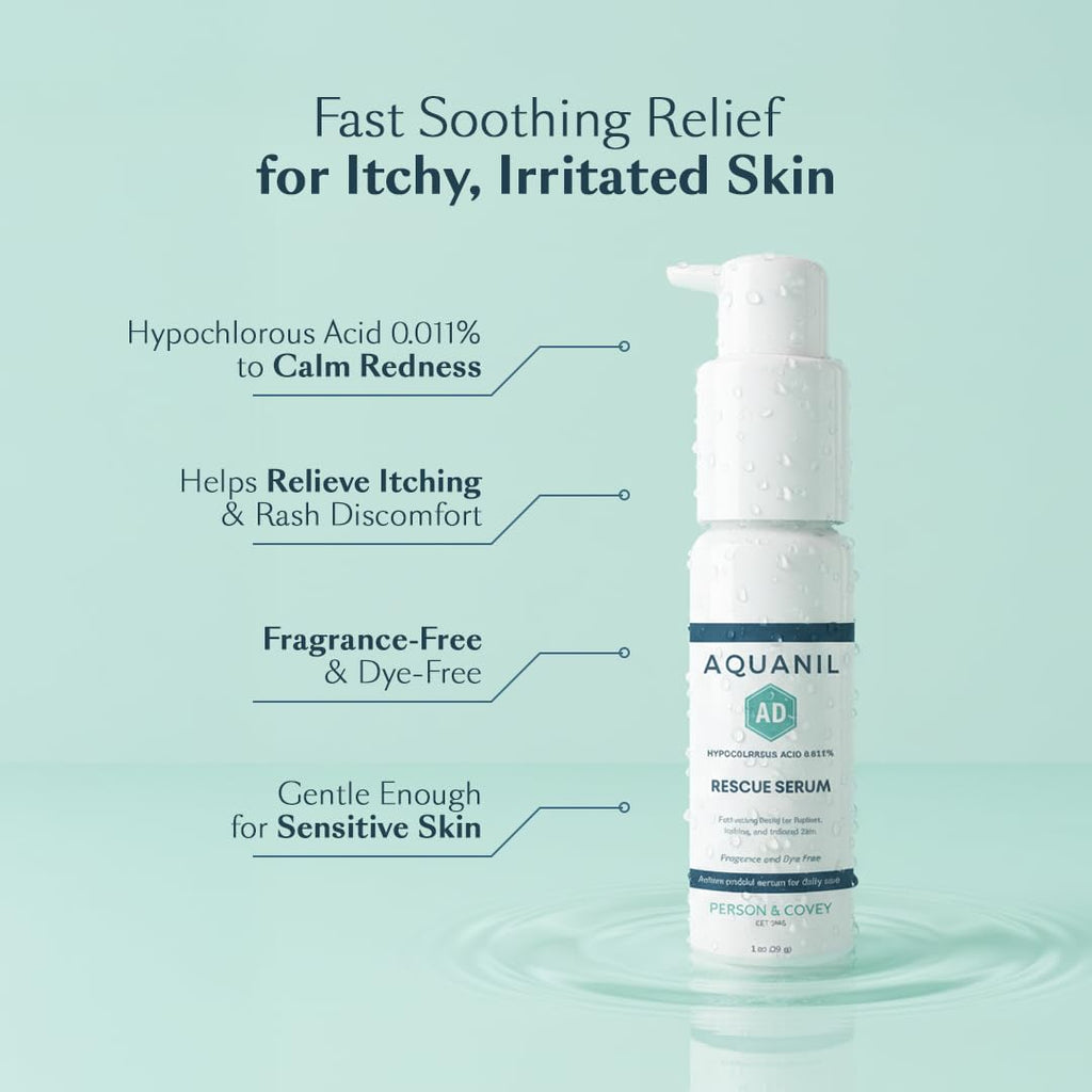 Aquanil AD Rescue Serum – Hypochlorous Acid 0.011% for Itch & Rash Relief, Soothing Serum for Irritated Skin, Fragrance & Dye Free, Sensitive Skin Safe, Lightweight & Fast Absorbing, 1 oz