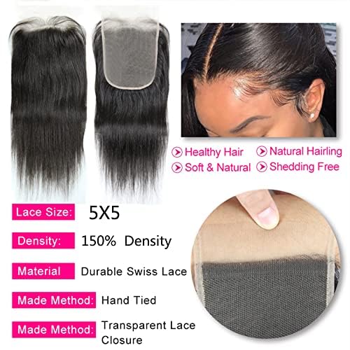 5X5 HD Lace Closure Human Hair Straight Transparent Lace Closure Pre Plucked with Baby Hair Bleached Knots 100% Unprocessed Brazilian Virgin Human Hair Closure Free Part Only 5X5 Closure 12 Inch