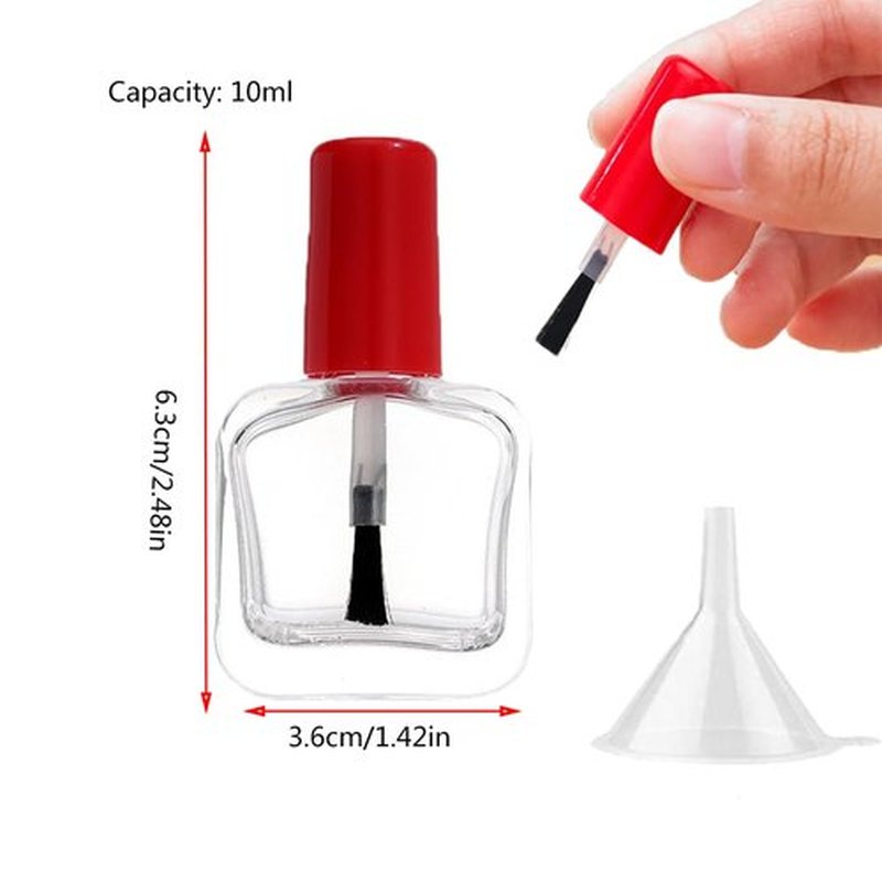 SUKPSY 4 Pcs Empty Nail Polish Bottles with Brush Cap, Reusable SquareTransparent Glass Bottles Vials Containers with Funnel for DIY Nail Art Sample(10ml)