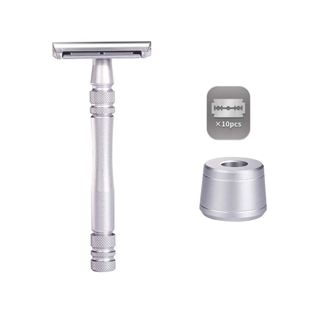 Men's and Women's Manual Razor Safety Razor with 10 Double Edge Blades, Double Edge Razor, Eco-Friendly, Smooth Close Shave, Plastic-Free, Easy to Carry for Traveling at Home (Silver + Base)