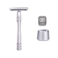 Men's and Women's Manual Razor Safety Razor with 10 Double Edge Blades, Double Edge Razor, Eco-Friendly, Smooth Close Shave, Plastic-Free, Easy to Carry for Traveling at Home (Silver + Base)