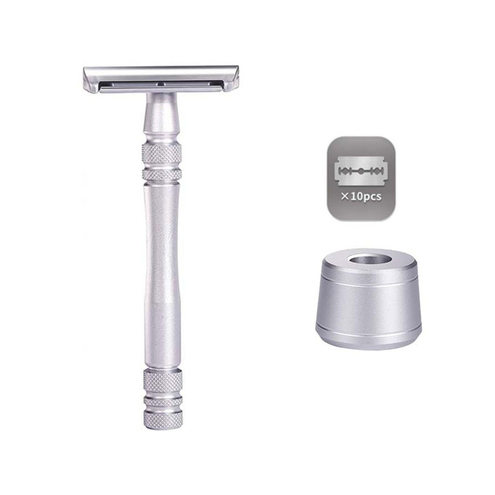 Men's and Women's Manual Razor Safety Razor with 10 Double Edge Blades, Double Edge Razor, Eco-Friendly, Smooth Close Shave, Plastic-Free, Easy to Carry for Traveling at Home (Silver + Base)