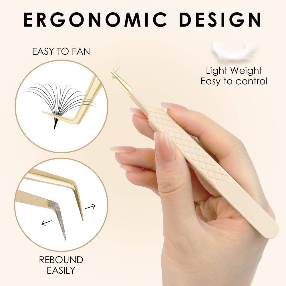 Beeutemaker Beige Fiber Tip Lash Tweezers for Eyelash Extensions – L Shape 90-Degree for Volume Fan Making, Professional Precision Lash Extension Tweezers