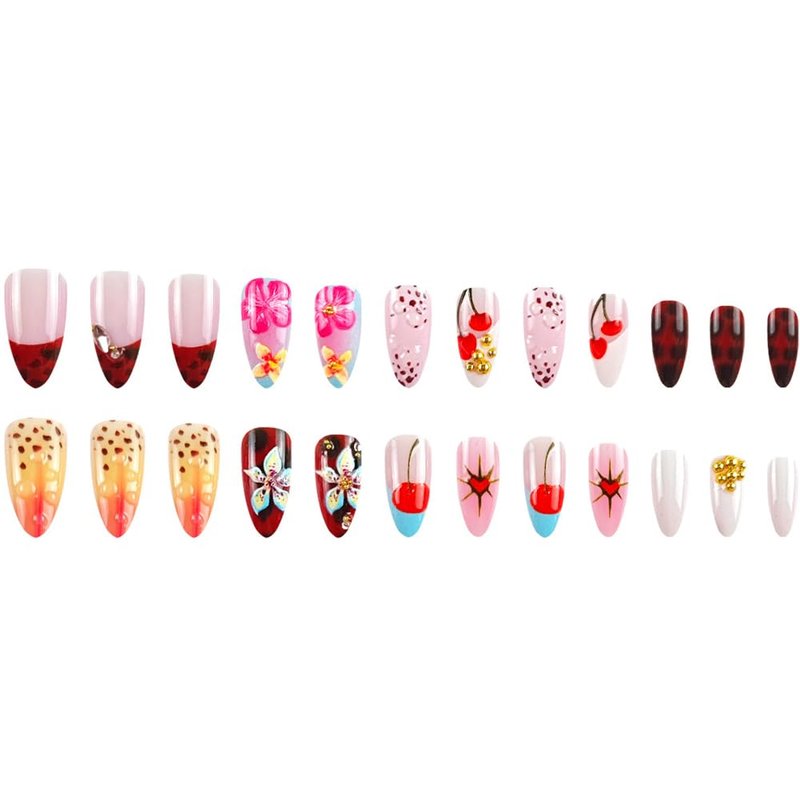 WAFOLOZE Almond Press on Nails Long Fake Nails with 3D Flowers Cherry Designs, Fall/Winter Glue On False Nail Press Ons Acrylic Artificial Stick On Nails for Women 24Pcs