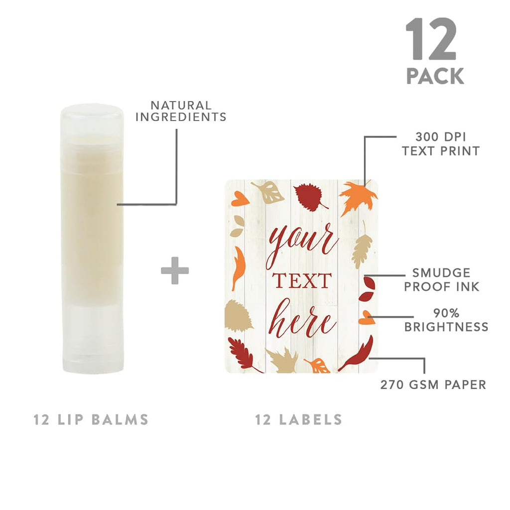 Andaz Press Personalized Lip Balm Party Favors, Fallin' In Love Autumn Fall Leaves, Your Text Here, Bridesmaid Lip Gloss 12-Pack, Custom Personalized Fall Stickers For Favors