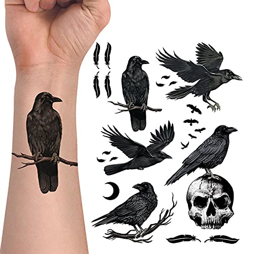 WIRESTER Temporary Tattoo Stickers for Adults Men Women, Fake Tattoos on Face Hand Neck Wrist Party Favor Body Art, Tattoo Sheet 6 x 7.87 inch - Ravens and Crows