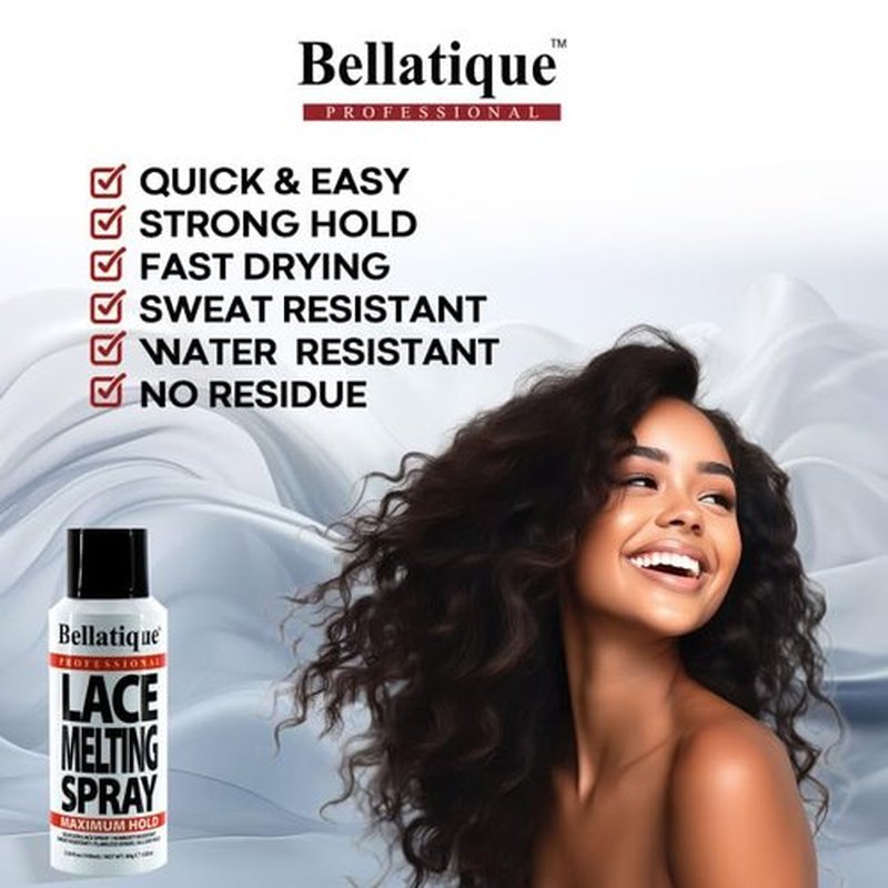 Bellatique Lace Melting Spray (6.67 oz) - Maximum Hold. Flawless Edges, Quick & Easy, Fast Drying, Humidity Resistant, Sweat Resistant, All Day Hold, Quick Drying, Flake Free, Easily Removed.