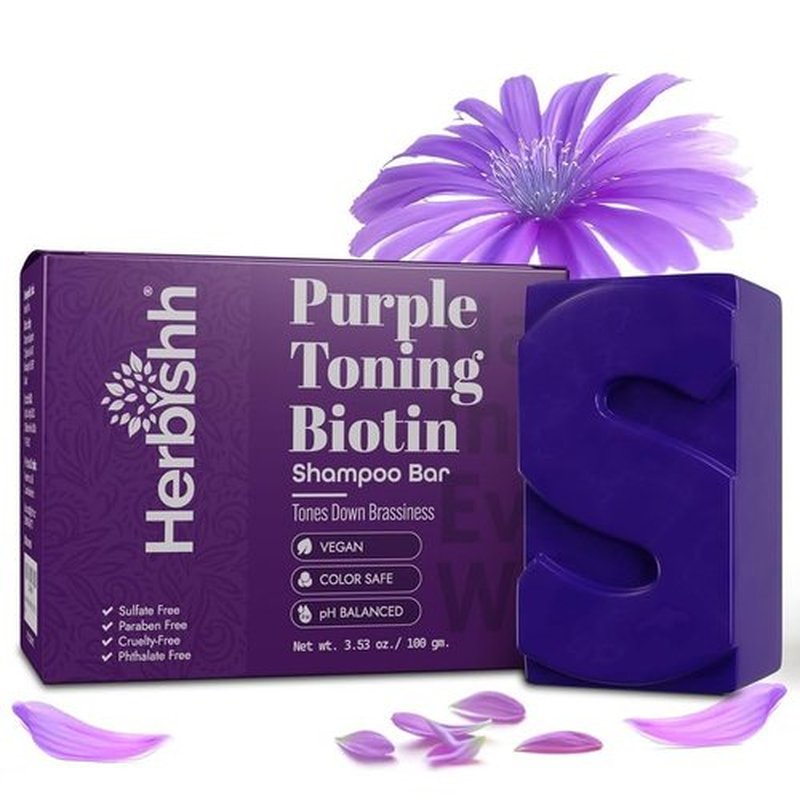 Herbishh Purple Shampoo Bar - Biotin-Infused Solid Bar to Neutralize Brassy Tones | 3.53 oz Vegan & Sulfate-Free