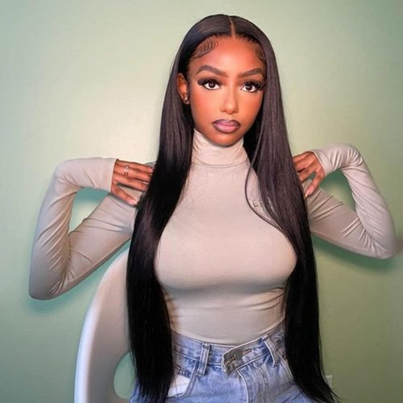 Amella 16 Inch 220% Density 13x4 HD Lace Closure Wigs Human Hair Glueless Wigs for Black Women Pre Plucked Pre Cut Bleached Knots Wig