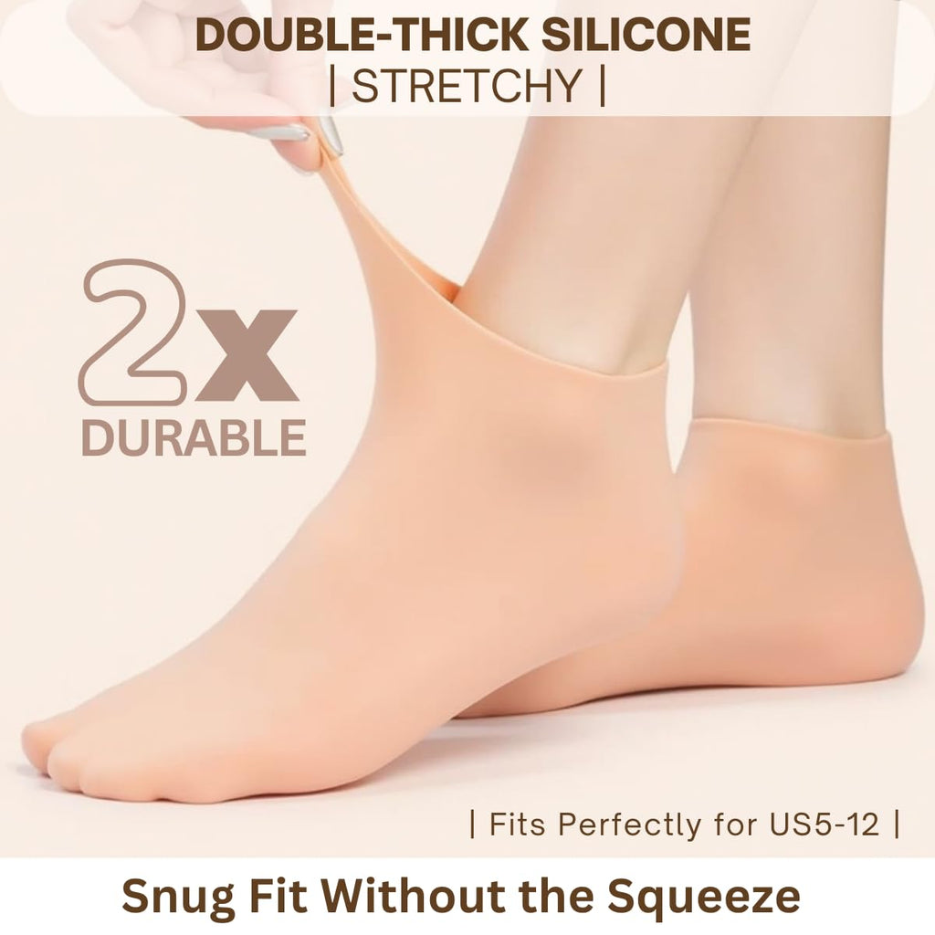 Yoeeco Reusable Silicone Socks for Dry Cracked Feet & Heels - Moisturizing Socks for Women and Men Fits Sizes US5-12 - Lotion Rubber Socks for Overnight Repair & Spa Treatment (Beige & Pink)