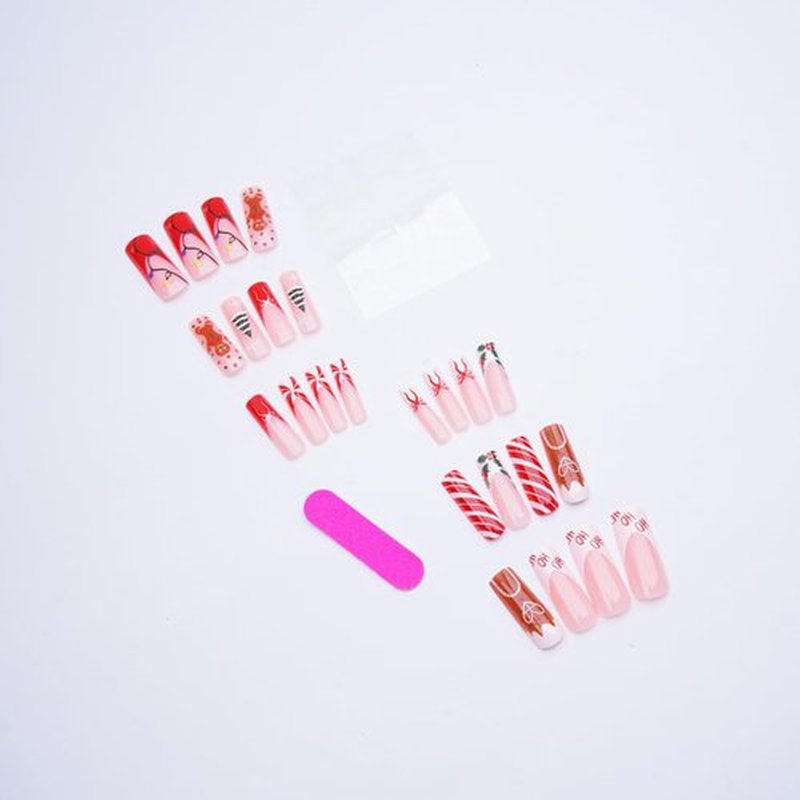 Christmas Press on Nails Long Square Fake Nails French Tip False Nails with Xmas Tree Lights Candy Holly Designs Winter Acrylic Nail Cute Gingerbread Man Glue on Nails for Women Holiday Manicure 24Pcs