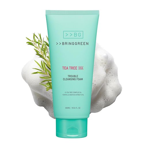 BRING GREEN Tea Tree Cica Trouble Cleansing Foam - Gentle Exfoliating Cleanser for Sensitive Skin (10.1 Fl. Oz., 300ml)