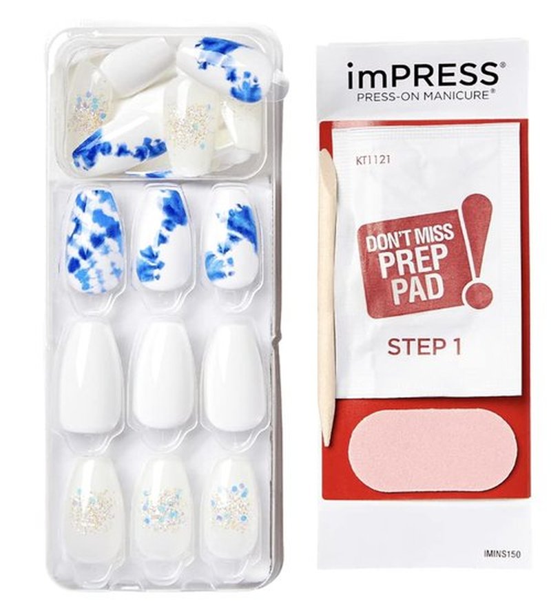 KISS Impress No Glue Mani 30 Pcs Press on Nails, White Nails with Glitter, Blue Tie-Dye Design, Medium Size, Coffin Shape Simple Peel & Press Easy Apply, Hassle-Free Removal, Essential Tools Included